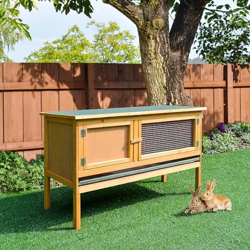 PawHut Wooden Rabbit Hutch Bunny Cage Openable Waterproof Roof for Rabbits | No Leak Tray, Solid Fir Wood Build, for Chickens, Ducks, Indoor/Outdoor
