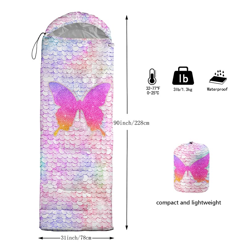 QOOMO Camping Sleeping Bags,3 Season Warm & Cool Weather,Lightweight,Waterproof Sleeping Bags for Adults & Kids,Traveling,and Outdoors,Camping Gear Equipment - color: Pink Butterfly 6