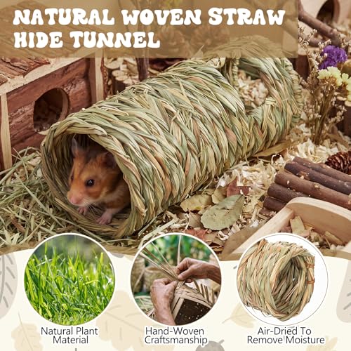 3 Pcs Guinea Pig Natural Grass Tunnel Set - Bunny Hideout House & Explore Tube, Winter Warm Small Animal Hideaway Toys for Syrian Hamsters Rats Chinchillas
