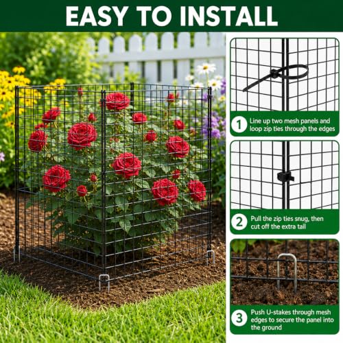 10 Pack Plant Protectors from Animals 12'' x 12'' with Stakes Nylon Ties | Metal Wire Mesh Garden Plant Cages for Outdoor Gardening Supplies to Keep Rabbit Chicken Away from Tomato Flower Vegetables - size: 10PACK-12*12inch