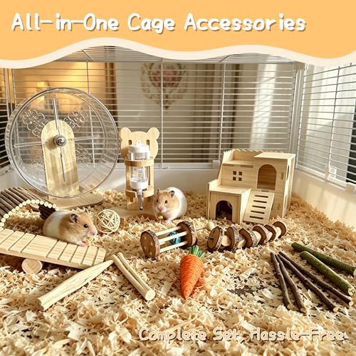 18 Pcs Hamster Cage Accessories, Natural Wooden Hamster Toys,Hamster Chew Toys Set ,Natural Wooden Hamster Wheel Maze Wood House Hideout Seesaw and Water Bottle Set for Rat Mice Small Animals Habitat