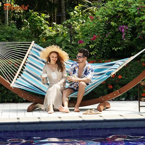 Lazy Daze 12 FT Sunbrella Fabric Hammock, Non-Fading Double Outdoor Hammock | 2 Person Hammock with Pillow, Straps, Carabiners , All Weather Fade Resistant for Outside, Token Surfside - color: Token Surfside