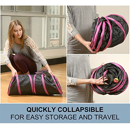Cat Tunnel - Collapsible 3 Way Play Toy - Interactive Tube Toys for Rabbits, Kittens, and Dogs - Black/Pink - color: Pink