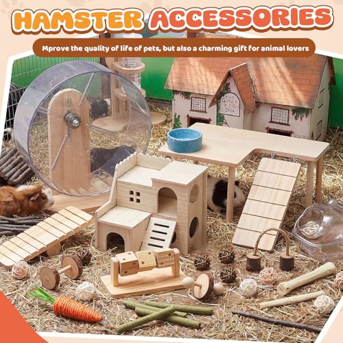 40 Pcs Hamster Cage Accessories, 9.5'' Exercise Wheel, Wood Platform Hideout House, Water Bottle, Sand Bath, Bowl, Chew Toys for Syrian Hamsters Mice Gerbils Habitat Decor(Interactive Style) - style: Interactive style