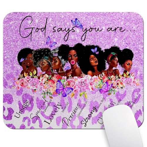 African American God Says You are Mouse Pad, Purple Glitter Cute Desk Mat | Christian Bible Verse Scripture, Inspirational Quote, Leopard Flower Butterfly Sparkles Print, Black Woman, 9.5 x 7.9 Inch - color: Pink Grey