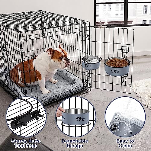 Kennel Water Bowl, ShineMe Stainless Steel Pet Food and Water Feeder Dishes - Attachable Dog Crate Bowls Hanging 2 Pack No Spill for Medium & Large Dogs (7.1x2.9” & 6.2x2.6”) - color: Grey, size: L (54oz+34oz)