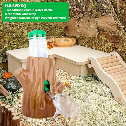 4.27oz(125ML) Stump-Shaped Ceramic Hamster Water Bottle (Green) | Leak Proof Small Animal Waterer with Bracket,for Syrian Dwarf Hamster, Mice, Chinchillas - color: Brown + green