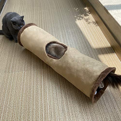 Collapsible Cat Tunnel Pet Play Tube Crinkle Tunnel with Cat Toys，Length 35" Diameter 9.7" - color: Brown, size: 35 inch