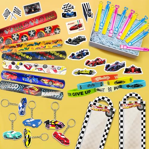 120PCS Race Car Party Favors, Race Car Birthday Decorations and Supplies | 120PCS race car party favors with bracelets, keychains, gift bags, glasses, stickers, bubble wands and mini cars. - style: Race Car