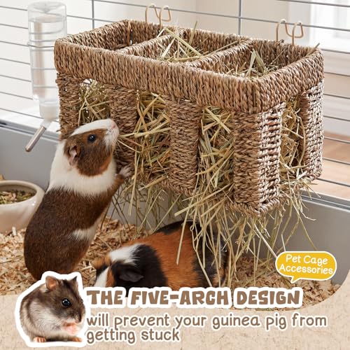 Sliner 2 Pcs Natural Seagrass Guinea Pig Hay Feeder, Five Arch Rabbit Hay Rack Holder with Metal Hanging Hook, Less Waste for Bunny Chinchillas, Small Animal Cage Accessories, Pet Gifts