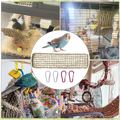 Bird Seagrass Mat 30 x 7 Inch Natural Seagrass Woven Bird Net, Parakeet Climbing Rope Ladder, Hammock Climbing Rope Ladder with Hooks, Chew Toys for Parrots Lovebird Cockatiel Budgie Hamster
