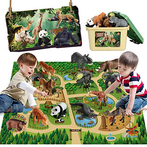 Mini Tudou Safari Animals Figures & 57x38.6'' Play Mat for Kids Toddler 3-5 | Zoo Animal Toys, Realistic Wild Animal Figurines, Plastic Jungle African Animals Playset with Storage Bin, Gift for Boy Girl
