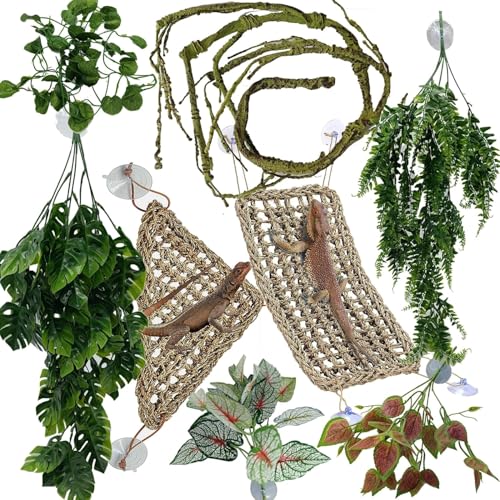 Reptile Plants for Bearded Dragon Tank Accessories, Terrarium Plant Artificial Decor for Snake Cage, Fake Plant for Leopard Gecko Habitat, Lizard Chameleon Ball Pythons (Group GN) - color: Group Gn