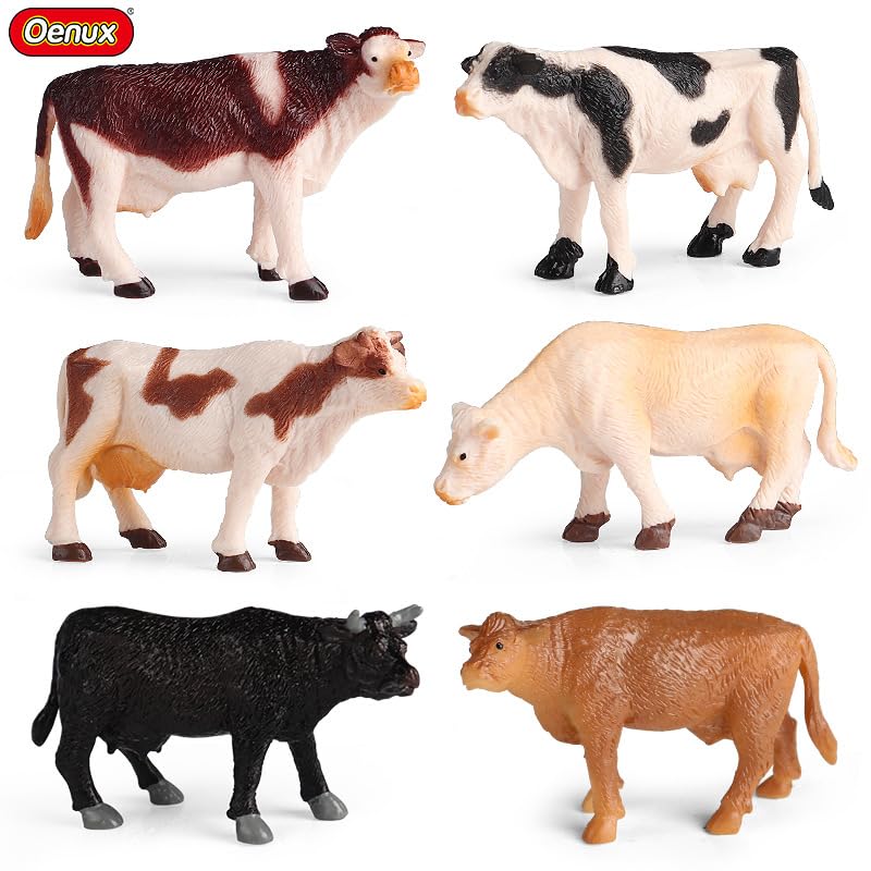 6PCS Mini Cow Figurines, Realistic Plastic Farm Animal Figures | Hard Plastic Cattle Figurines for Kids, Educational Play, Cake Toppers, Farm Displays and Party Decorations