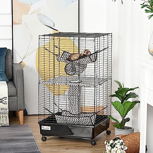 PawHut 42" Ferret Cage, Small Animal Habitat Metal Pet Cage with Wheels Brakes, Hammocks, Hanging Tunnels, and 3 Doors, Black | Metal Pet Cage, Hammocks, Hanging Tunnels