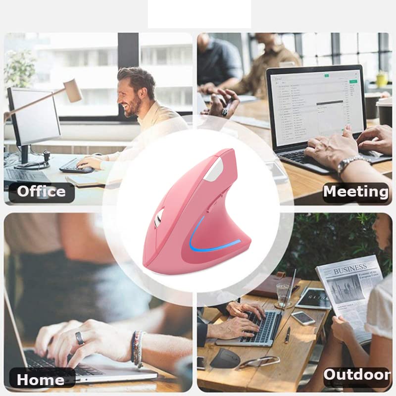Wireless Mouse Ergonomic Vertical Ergo High Presion Optical Lightweight Cordless LED Light Large Cute Wireless Mouse for Laptop Computer Mac Office Girl Boy Adults Gift , 800/1200/1600 DPI, 6 Buttons - color: Pink