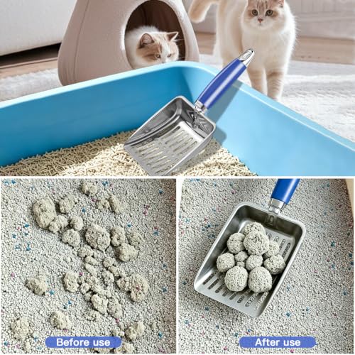Cat Litter Scoop - Metal Cat Litter Scoop - Stainless Steel Scoop for Cats - Sturdy Metal Mesh - Rubber Handle - Easy to Clean, Suitable for Cat Litter Boxes (Blue) - color: blue