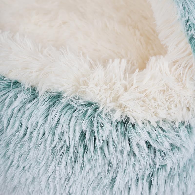Round Fluffy Hooded Cat Bed Cave, Anti-Anxiety Cave Bed with Blanket | Hooded Cat Bed Cave, Cozy Cuddler Luxury Puppy Pet Bed, Anti-Slip Bottom and Machine Washable - color: Green, size: Medium