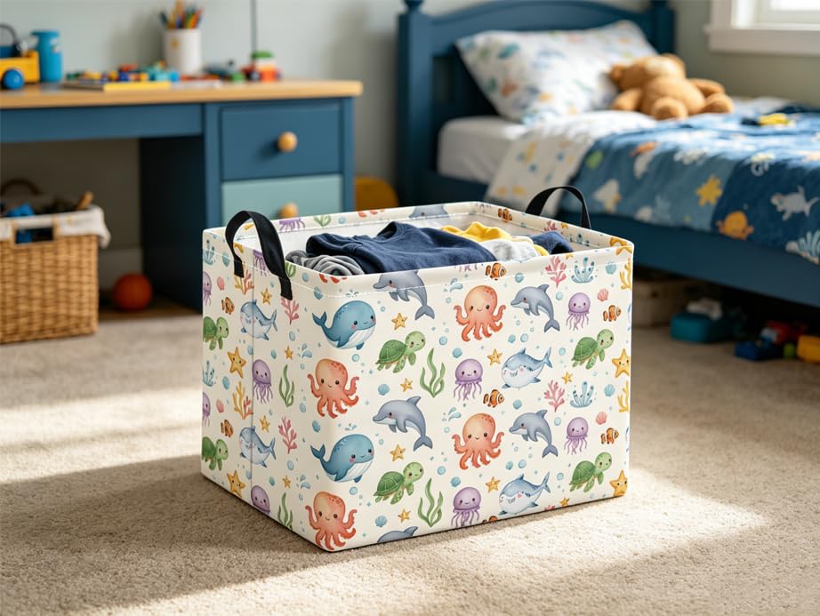Rectangular Baby Kids Storage Basket for Home Kitchen Girls Cute Toy Storage Bin Organizer Shelf Book Room Decor(Cute Ocean) - color: Cute Ocean