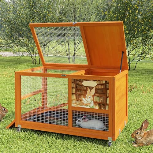COZIWOW 36.5-Inch Double-Decker Wooden Rabbit Hutch with Wheels, Featuring A Cleaning Tray and Ladder—Stylish and Easy to Assemble（Orange and Pattern） - color: Orange and Pattern