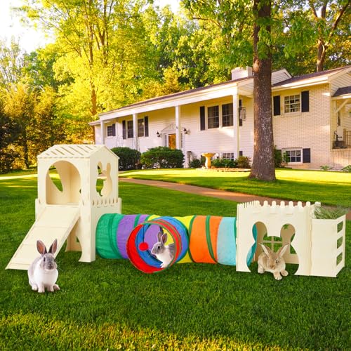 Extra Large Rabbit Hideout, Wooden Bunny Castle with Tunnel and Stair, Rabbit House Tower with Hay Feeder Sturdy Habitat for Guinea Pig Chinchilla Ferret Hamster - color: -Natural -03