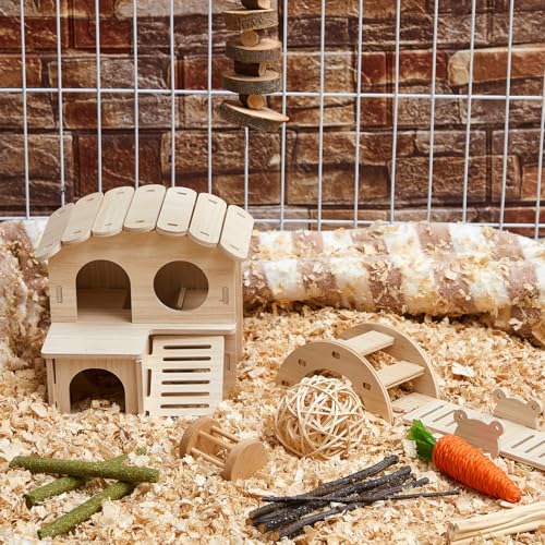 8 Pcs Hamster Cage Accessories Hamster Starter Kit with Maze Wood House, Bridge, Seesaw, Chew Toys Set for Gerbils and Mice Small Animals Habitat Supplies(Fun Villa) - style: Fun Villa