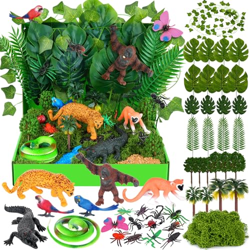 47 Pcs Rainforest Animals Figure Rainforest Diorama Kit Habitat Project Box - style: Rainforest