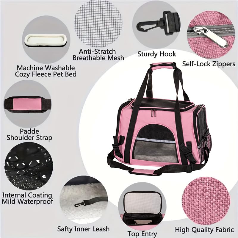 Cat Carrier Bag, Airline Approved Soft Carrier for Cats & Small Dogs | Airline approved pet carrier for pets under 15lb, breathable mesh with privacy cover, lightweight, foldable & washable - color: Pink