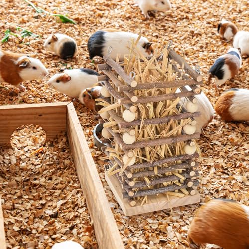 Eorbow Wood Rabbit Hay Feeder, 7" Hanging Grass Holder with 2 Hooks, Small Animals Feeding Hay Manager for Cage, Bunny Hay Feeder Rack for Chinchilla Guinea Pig Hamster Gerbil
