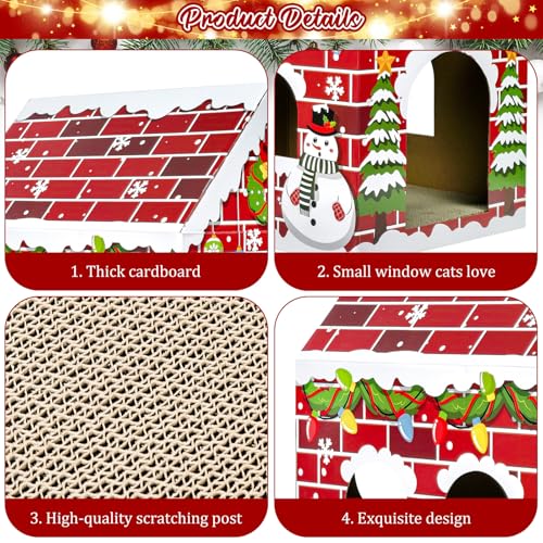 Cinrobiye Christmas Cardboard Cat House with Scratcher Pet Gingerbread Board Bed Cave Playhouse Hideaway Hideout Condo Decor Small Animals Scratch Box for Indoor Cats Kittens Rabbits Bunny (Red, 1) - color: Red
