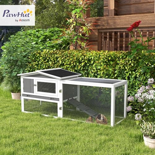 PawHut Rabbit Hutch 2-Story Bunny Cage, Guinea Pig Cage Indoor Outdoor, Small Animal House with Slide Out Tray, for Rabbits, Chickens, Ducks, 61.5" x 23" x 27", Light Gray | Bunny Cage, Guinea Pig Cage, Small Animal House, Slide Out Tray, for Rabbits Chic