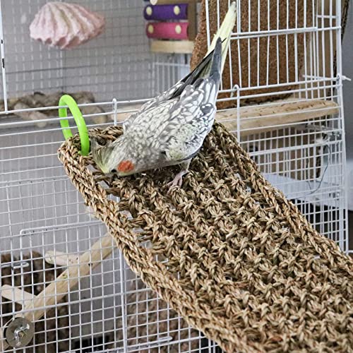 39 x 7 Inches Seagrass Mat, Natural Seagrass Woven Net, Bird Hammock Mat with Hooks, Cage Accessories, Climbing Rope Ladder Chew Toys for Cockatiel, Hamster, Guinea Pig, Rats, Parakeet - size: 39 x 7 Inches