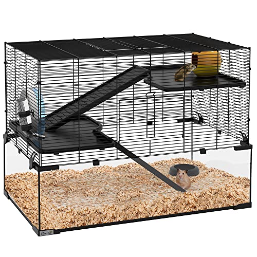 PawHut Large Hamster Cage Deep Tempered Glass Bottom 30"x19"x21.5" Black | 3 Tiers Hamster Tank, Running Wheel, Hut, Water Bottle, Dish, Rat Cage for Syrian, Dwarf, Gerbils, Mouse - size: 30.1"L x 19.0"W x 21.5"H