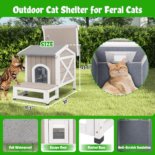 Insulated Outdoor Cat House Weatherproof Feral Cat Shelter for Winter Outside Cat Houses for 1-2 Cats Indoor Pets Condo with Waterproof Roof & Escape Door, 6.3" Raised Base & Balcony - style: 30"L Insulated Small Cathouse