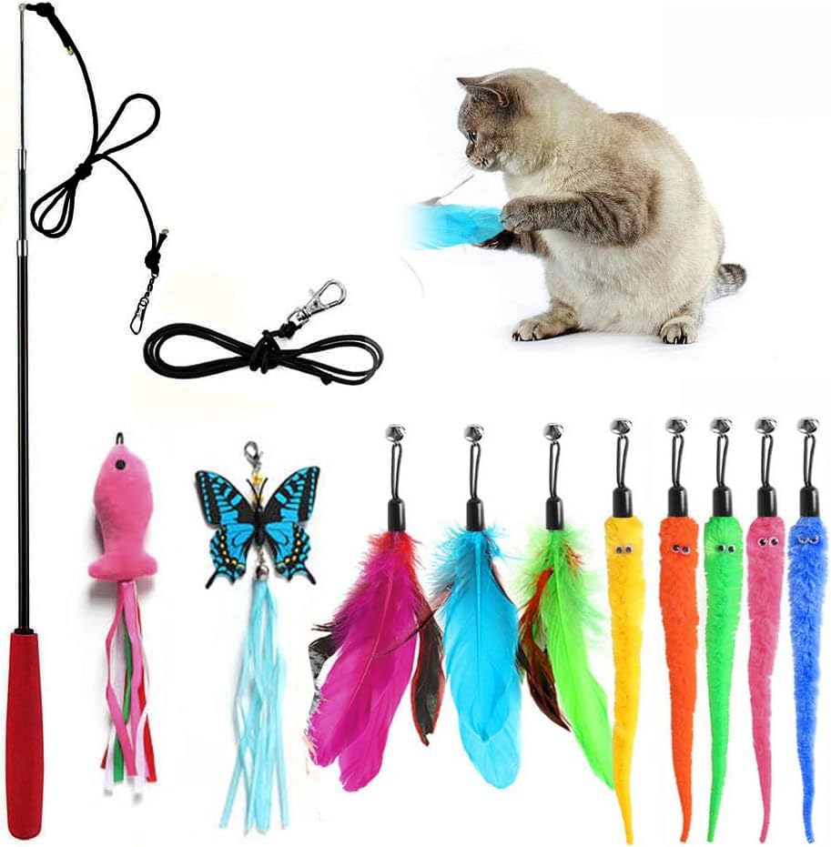Retractable Cat Toy Wand 12 Packs Interactive Cat Feather Toys | , 9 Assorted Teaser Refills with Bell for Kitten (Pink) - size: 12 PCS