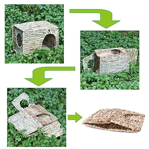 Foldable Grass Woven Animal Hut Bunny House Play Hideaway Bed Mat Chew Toy for Rabbit Guinea Pigs Gerbils Hamster (12"x8"x8") - size: 12"x8"x8"