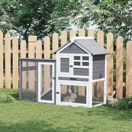 GarveeLife Small Wooden Chicken Coop, 2-Story Rabbit Hutch Indoor Outdoor with Waterproof Roof, Bunny Cage with Pull Out Tray and a Wooden Ramp