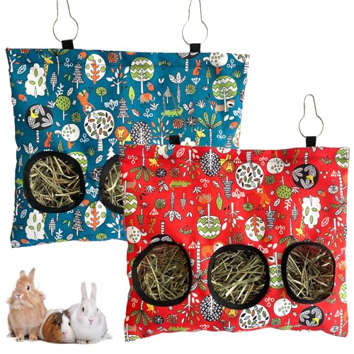Rabbit Hay Feeder Bag, Guinea Pig Hay Feeder for Cage Small Animal Hanging Feeding Bags Rabbit Hay Dispenser Storage for Rabbits Guinea Pigs Bunnies Chinchillas (Red,Dark Blue, 3 Hole) - color: Red,Dark Blue