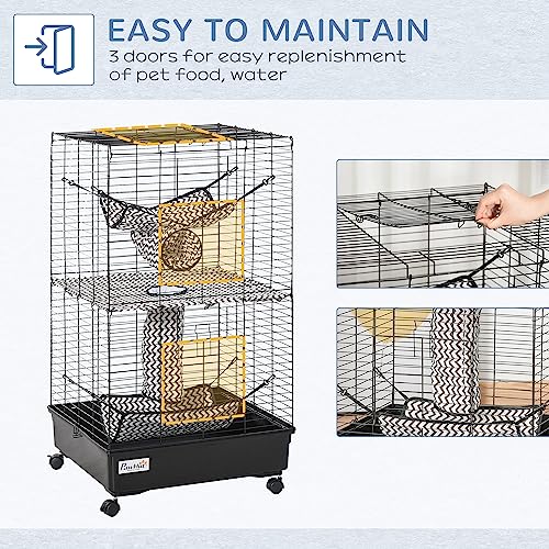 PawHut 42" Ferret Cage, Small Animal Habitat Metal Pet Cage with Wheels Brakes, Hammocks, Hanging Tunnels, and 3 Doors, Black
