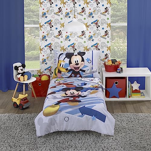 NoJo Disney Mickey Mouse Clubhouse Buddies Multi Colored Goofy, Pluto, and Donald Duck 4 Piece Toddler Bed Set - Comforter, Fitted Bottom Sheet, Flat Top Sheet, and Reversible Pillowcase