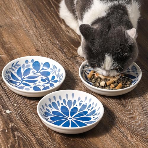 3 Ceramic Cat Bowls,5.5 inch Wide Shallow Cat Food Bowl for Relief Whisker Fatigue - color: Blue-A