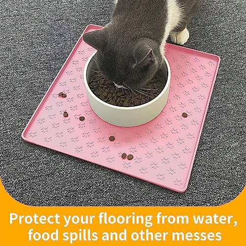 Ptlom Pet Placemat for Dog and Cat, Waterproof Non-Slip Silicone Feeding Bowl Mat Prevent Food and Water Overflow, Puppy Dish Feeder Fountain Trays Suitable for Medium and Small Pets, Pink - color: Pink, size: 11.8"L x 11.8"W