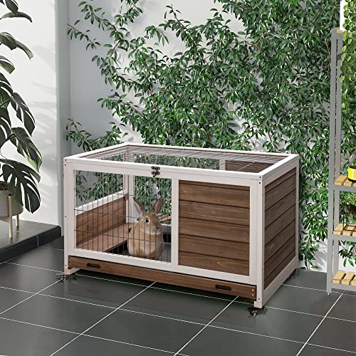 PawHut Wooden Rabbit Hutch Indoor Outdoor, Elevated Bunny Cage with No Leak Tray Enclosed Run with Wheels, Ideal for Guinea Pigs and Small Animals, Brown | No Leak Tray Enclosed Run with Wheels, for Rabbits, Chickens, Ducks, Guinea Pigs and Small Animals