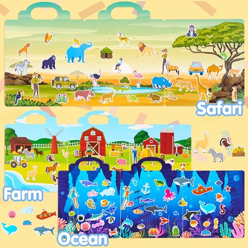 JOYIN 3-Pack Animal Reusable Sticker Book for Toddlers, 3D Sticker Book for Kids 3 4 5, Travel Essentials, Airplane Activity Toys, Crafts Gifts, Birthday Gifts - Farm, Ocean, Safari