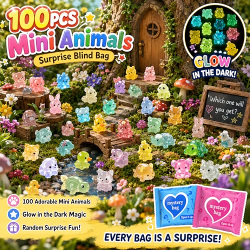 100 PCS Mystery Bag Mini Resin Animals, Glow in The Dark Tiny Animal Figurines Blind Bags Bulk, Cute Mini Resin Figures Surprise Box Toys for Kids, Classroom Prizes Goodie Bag Stuffers Party Favors - color: 100pcs Animals