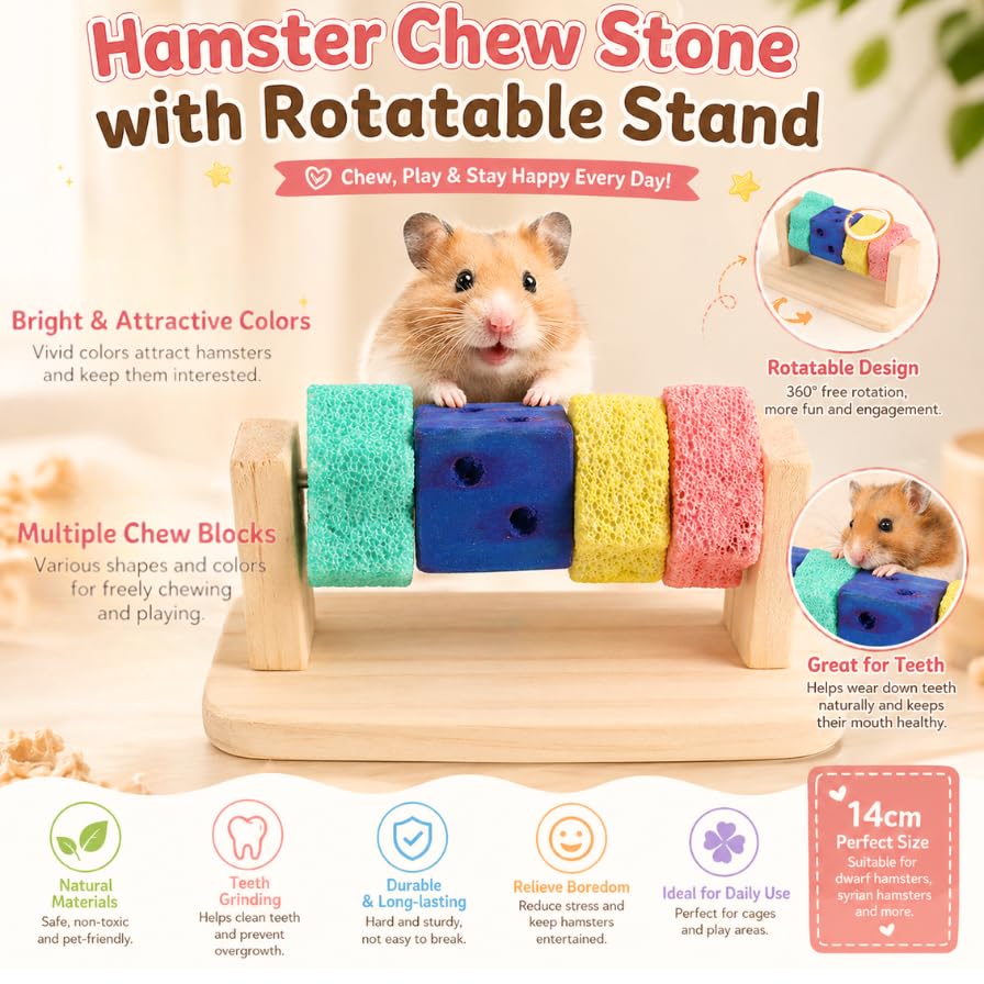 Hamster Chew Toys with Rotatable Wooden Stand, 5.5 Inch Teeth Grinding Stone Blocks, Rat Chew Toys for Pet Rats Enrichment, Guinea Pig Chew Toys for Teeth, Gerbil & Chinchilla Chews