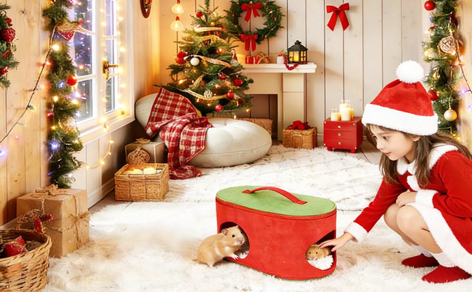 Christmas Guinea Pig Hideout, Large Cozy Bed, Warm Small Animal Cage House for Chinchilla, Hamster, Ferrets, Hedgehog, Rats and Other Small Pets - color: RED+GRN
