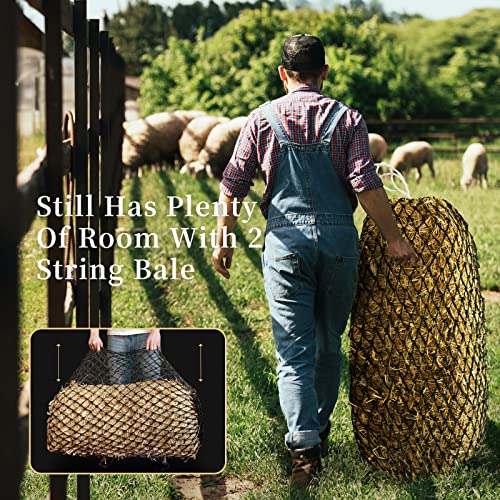 Bloomoak Slow Hay Net Feeder for Horses, Durable Soft Black PE 2/3 String Hay Bales Bags, Fit 36x18x18 to 47x25x17 Inches, Extends 50-64 Inches (2 1.6" Hole/1PC) - color: 2 String-1.6" Hole-Ultra Slow Feed/1PC