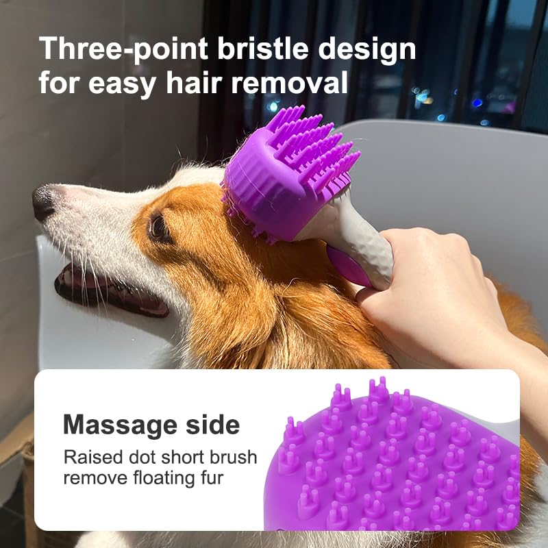Pet Dog Bath Brush, 2 in 1 Silicone Brush Bathing Grooming Massage Brush with 6.8oz Shampoo Dispenser for Long & Short Haired Dogs Cats Shower