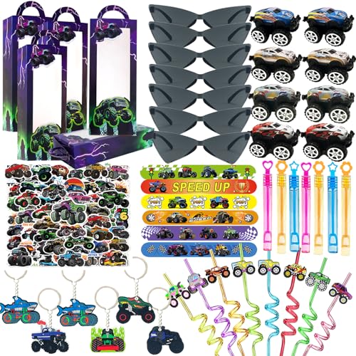 110PCS Monster Truck Party Favors, Birthday Decorations and Goodie Bag Toys | 110PCS monster truck party favors with boxes, trucks, sunglasses, stickers, bracelets, keychains, bubble wands and straws. - style: Monster Truck